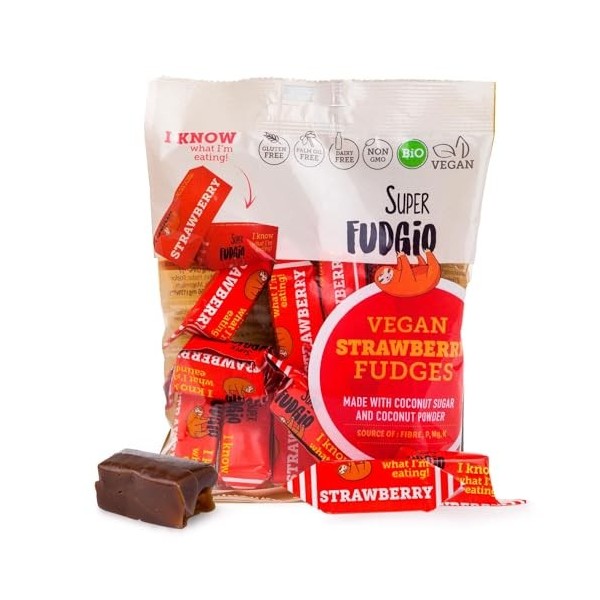 SUPER FUDGiO Bonbons végétaliens et sans gluten biologiques - Fraise - Bonbons aux ingrédients naturels - Sans huile de palme