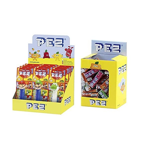 PEZ Boîte Présentoir de 12 Blisters Mario Nintendo Distributeur + Recharge & Boîte de 100 Recharges de Bonbons PEZ Fruits - B
