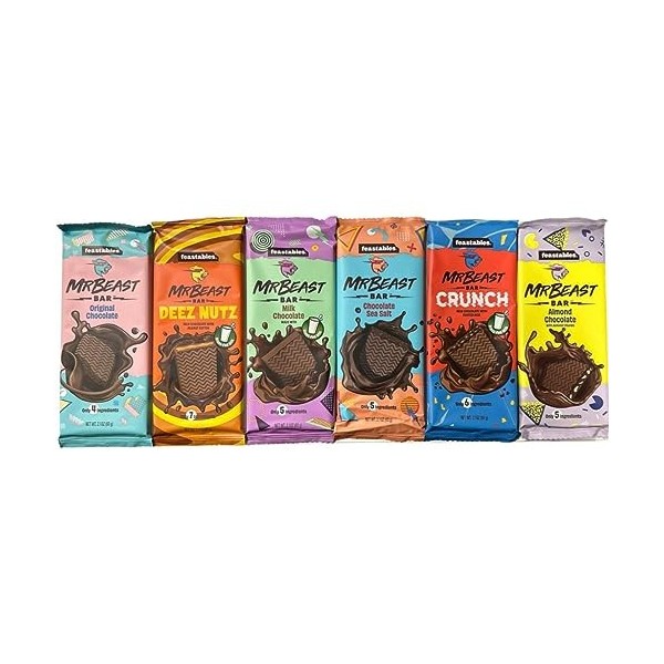 HEART FOR CARDS MrBeast Feastables - New Dairy-Free Chocolate Bars - Lot dessai : 6 variétés incluses + protection dexpédit