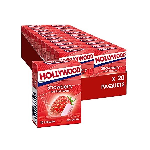 Hollywood Chewing Gum Fresh - Parfum Fraise - Sans Sucres avec Édulcorants - Lot de 20 paquets de 10 dragées 14 g 