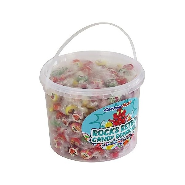 CAPTAIN PLAY Party Bucket avec Rocks Retro Candy Bonbons, 360 pieces en emballage individuel, 1,5kg