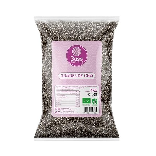 Graines de Chia Bio 1KG | Vegan | Origine Paraguay | Conditionné en France | Cuisine | Desserts | Pâtisserie | Neutre en goût