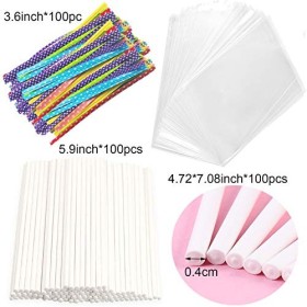 Lot de 100 sachets de sucette pour sucettes, 100 bâtonnets en papier, 100 attaches métalliques colorées pour faire des sucett