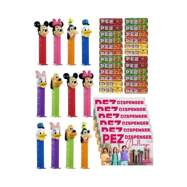 Lot de 12 boîtes de 12 personnages amusants de Pez avec recharges de bonbons Pez Sweet et carte de défi de jeu – 12 x 17 g M