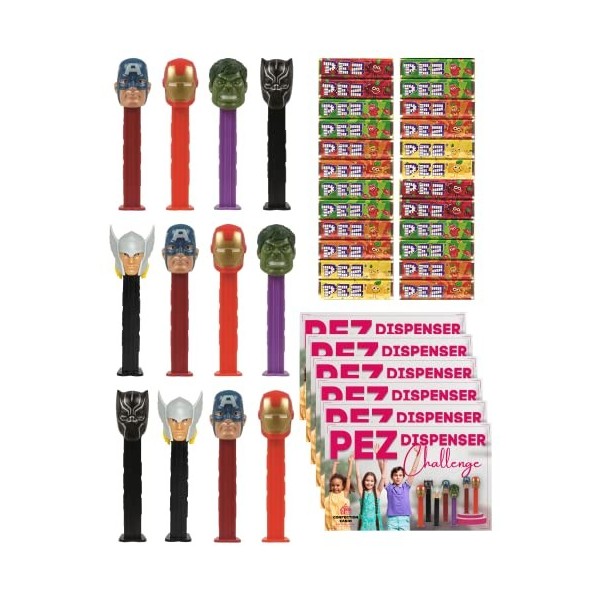 Lot de 12 boîtes de 12 personnages amusants de Pez avec recharges de bonbons Pez Sweet et carte de défi de jeu – 12 x 17 g M