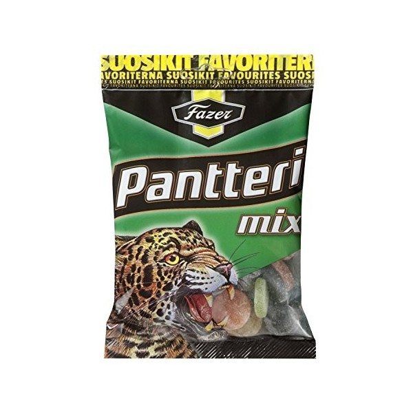 Fazer Pantteri Mix Lot de 12 sachets de 180 g – Réglisse salée – Salmiak – Fruité – Gommes de vin – Bonbons