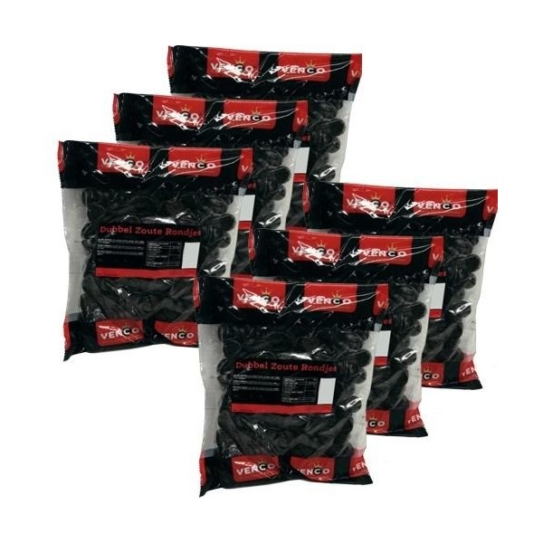 Venco Holland Lot de 6 boîtes de réglisse « Dubbelzoute Rondjes » de 1 kg double salé 