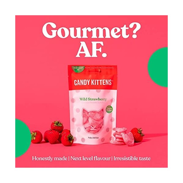 Candy Kittens Bonbons gourmands aux fraises sauvages – Bonbons végétaliens avec jus de fruits et saveurs naturelles lot de 7