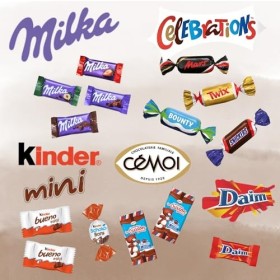 Maxi ballotin de Noël rouge garni de 250 mini- chocolats KINDER, CELEBRATIONS, MILKA, CEMOI, DAIM