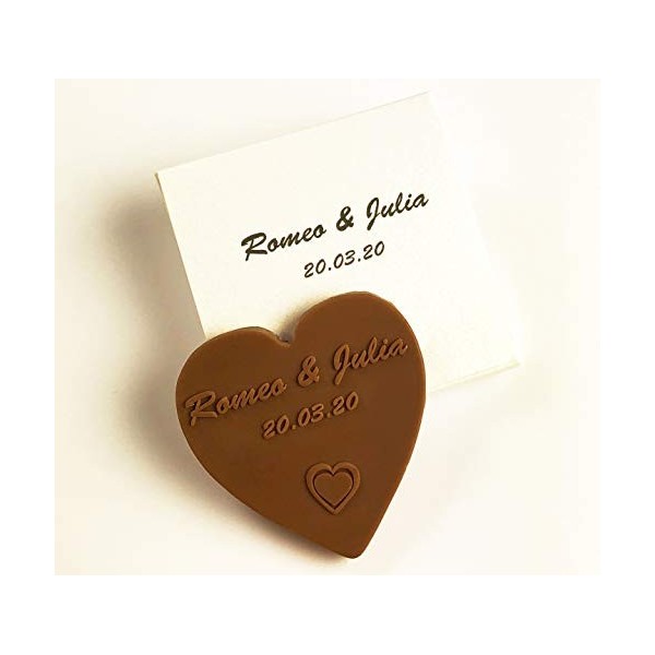 Coeurs en chocolat personnalisés | Faveurs pour mariage, anniversaire, communion avec nom et date | dans une boîte cadeau imp