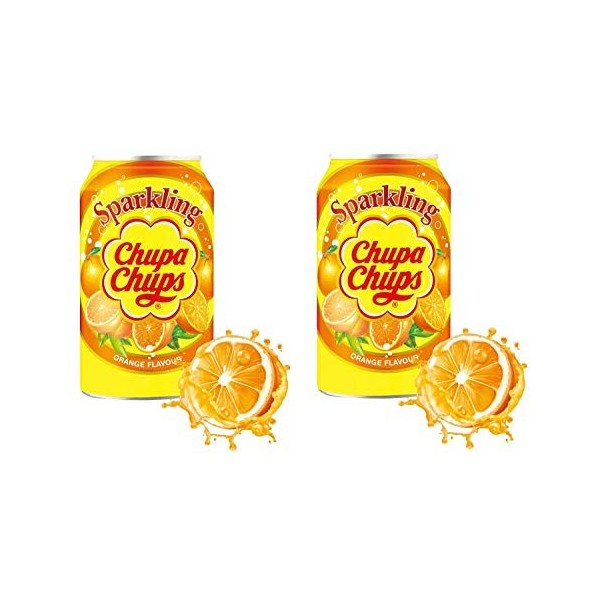 2 canettes Chupa Chups de 345 ml avec différentes saveurs orange, orange 