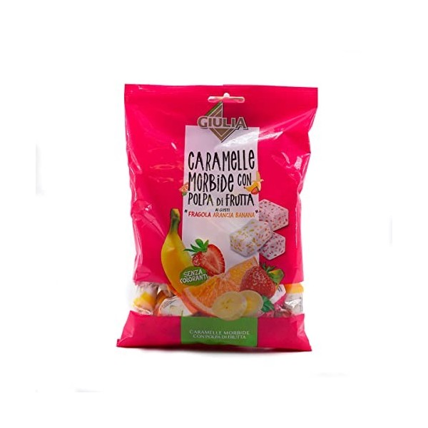 La Giulia Caramelle Morbide con Polpa di Frutta Bonbons doux avec pâte de fruits au goût fraise, orange et banane sachet de 1