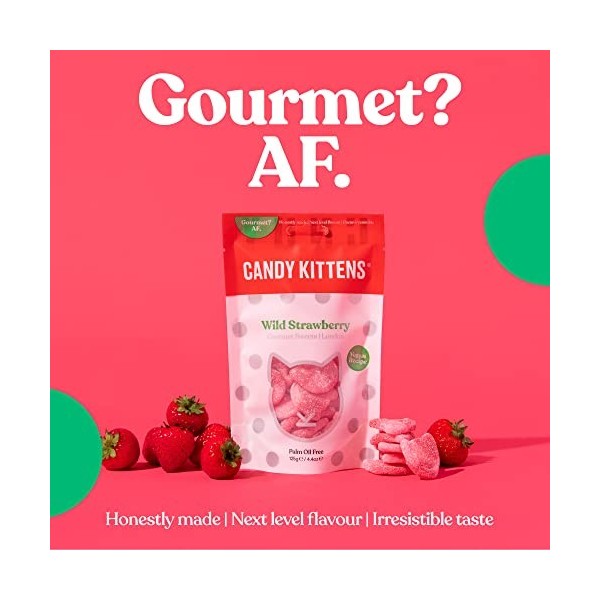 Candy Kittens Bonbons gourmands végétaliens à la fraise sauvage, sans huile de palme, fabriqués avec du jus de fruits et des