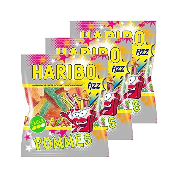 Bonbon Haribo frites acidulées, Lot de 3, caoutchouc - Babyours - Vin en caoutchouc, Fruit caoutchouc Sauer aigre en sachet, 