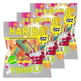 Bonbon Haribo frites acidulées, Lot de 3, caoutchouc&nbsp;-&nbsp;Babyours&nbsp;-&nbsp;Vin en caoutchouc, Fruit caoutchouc Sauer aigre en sachet, 