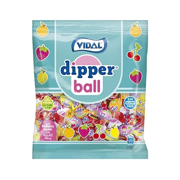 Dipper Ball VIDAL Bonbons avec remplissage liquide orange, fraise, cerise et citron , sachet 900 g