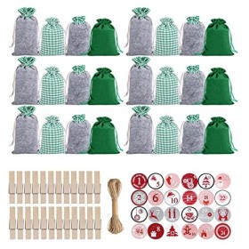Sacs de calendrier de l| Sacs à friandises de Noël de 24 jours | Sacs cadeaux de Noël réutilisables en toile de jute pour 24
