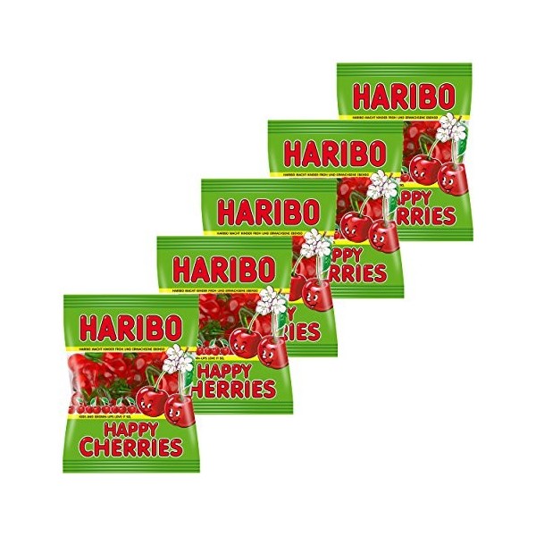 HARIBO Happy Cherries, Lot de 5, Caoutchouc - Babyours - Vin en Caoutchouc, Fruit Caoutchouc en Sachet, Pochette