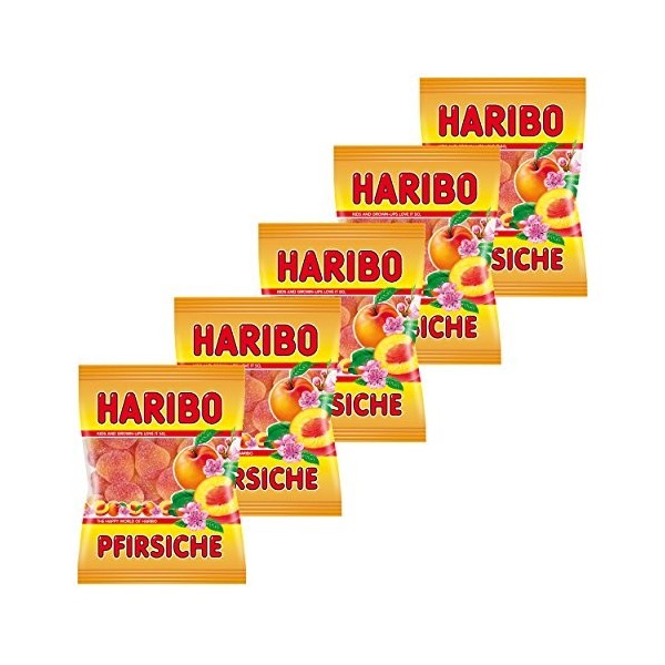 Haribo Pêches, Lot de 5, caoutchouc&nbsp;–&nbsp;Babyours&nbsp;–&nbsp;Vin en caoutchouc, Fruit caoutchouc en sachet, Pochette