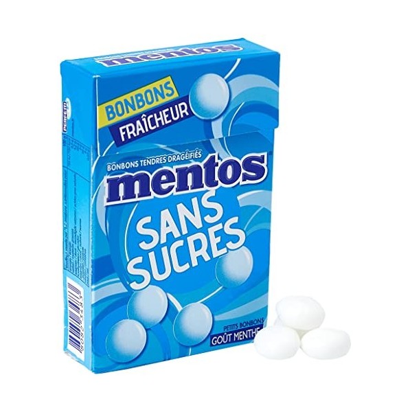 Mentos - Minis Bonbons Mentos Sans Sucres à la Menthe, Tendres et Croquants - Goût Rafraîchissant - Boite Refermable à Emmene