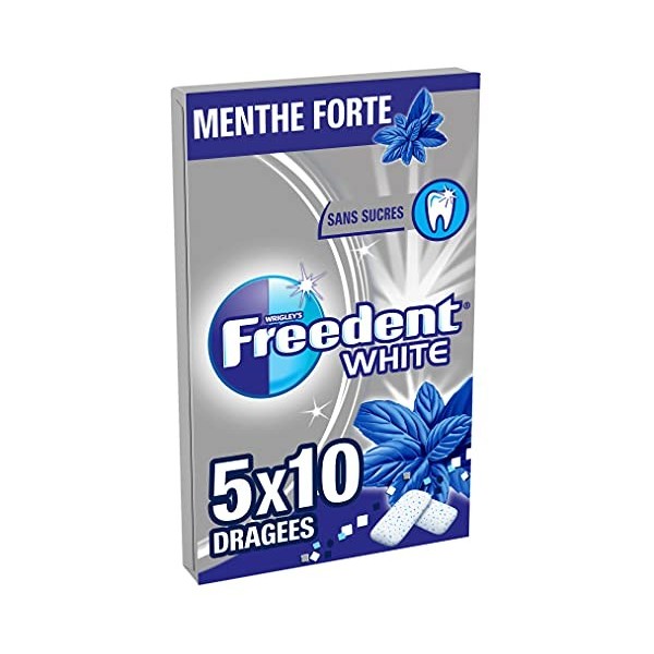 FREEDENT WHITE - Chewing-gum Menthe Forte sans sucres - 5 paquets de 10 dragées - 70g