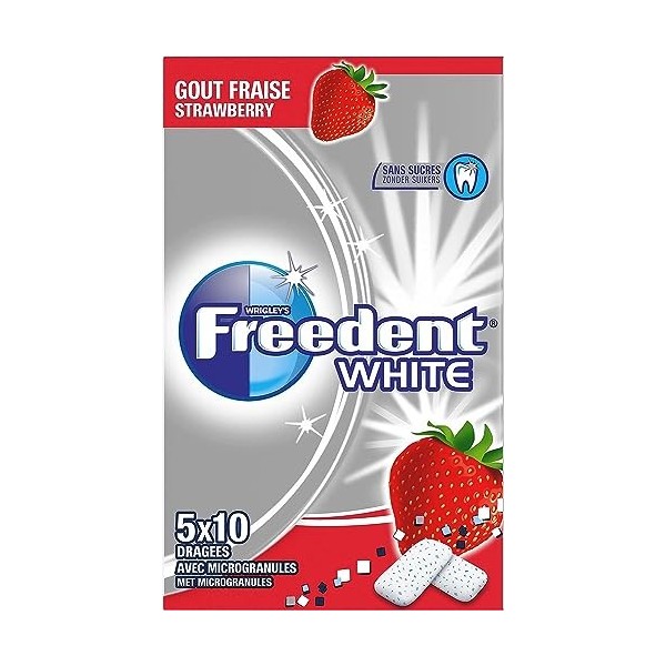 FREEDENT WHITE - Chewing-gum goût Fraise sans sucres - 5 paquets de 10 dragées - 70g