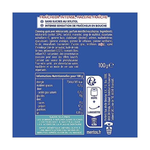 MENTOS Chewing-Gum Pure Fresh Menthol-Eucalyptus - Sans Sucres - Dure Longtemps - Haleine Fraîche - 1 Boîte de 50 Dragées-100