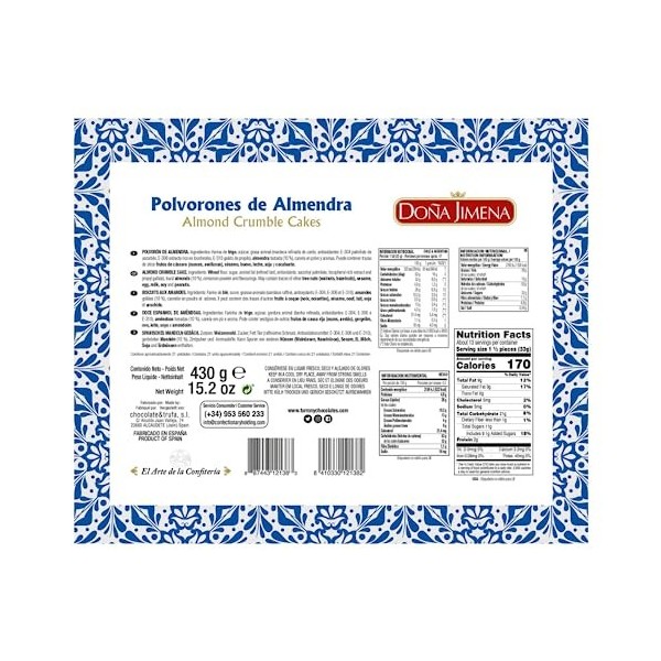 DOÑA JIMENA - Polvorón aux amandes, Qualité Suprême, gourmandise typique de Noël, Recette Artisanale, 430g