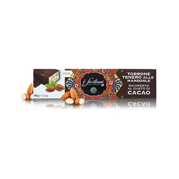 Barre de Nougat Tendre aux Amandes, Glaçage au Chocolat, Produit en Italie, 150 Grammes