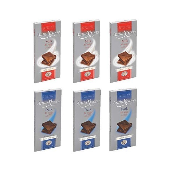 Paquet de 6 chocolats sans sucres ajoutés Antiu Xixona. 3 x Chocolats au lait & 3 x Chocolats purs
