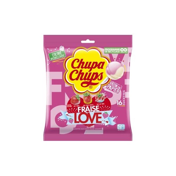 Chupa Chups Sachet de 16 sucettes Love/ Bonbons sans gluten/3 parfums Assortis Fraise/fraise Acidulée/Lait Fraise- 192g