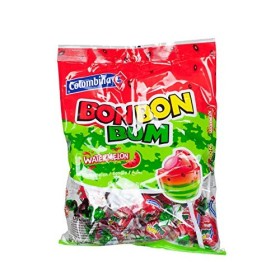 COLOMBINA Bon Bon Bum - Sucette, pastèque - Paletas Sabor Sandia Rellenas de Chicle, 408g
