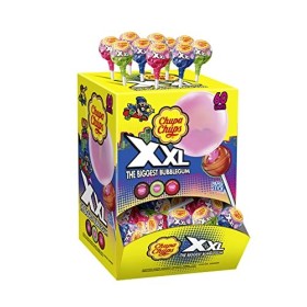 Chupa Chups - Boite de 60 Sucettes XXL Avec Coeur Bubble Gum - Parfums Fraise, Pomme, Cola pour la Sucette + Chewing Gum - Gé