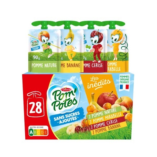 POMPOTES Compote Gourde Sans Sucres Ajoutés Pomme/Pomme Mirabelle/Banane/Pomme Cerise 28x90g, Vert