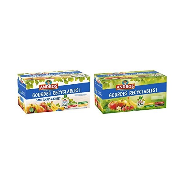 ANDROS - Compote de Fruit - Gourde Recyclable - Sans Sucre Ajouté - Goût Pomme + Poire + Fraise + Banane - Idéal pour lEnfan