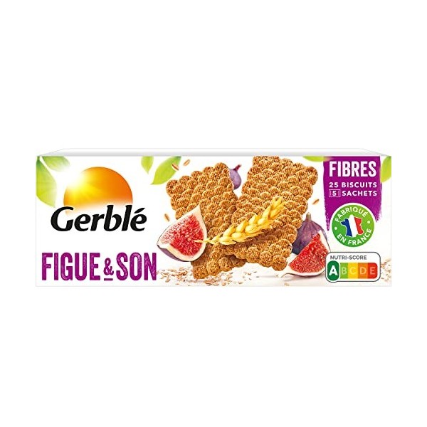 Gerblé, Biscuits Figues et Son, Allegés en sucres, Riches en fibres, Sans huile de palme, 1 boîte de 25 biscuits, 210 g