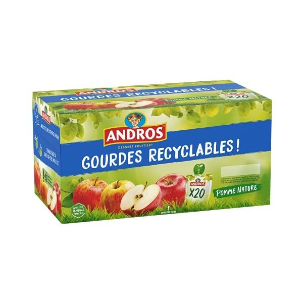 ANDROS - Compote de Fruit - Gourde Recyclable - Allégé - Goût Pomme - Idéal pour le Goûter des Enfants - Lot de 20