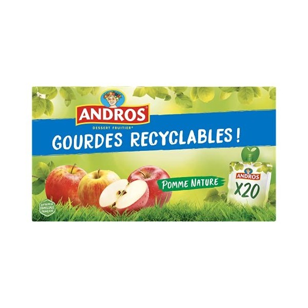 ANDROS - Compote de Fruit - Gourde Recyclable - Allégé - Goût Pomme - Idéal pour le Goûter des Enfants - Lot de 20