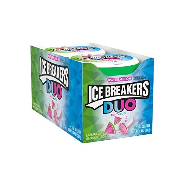ICE BREAKERS DUO Fruit + Cool Sugar Free Mints Watermelon, 1.3-Ounce Containers, Pack of 8 