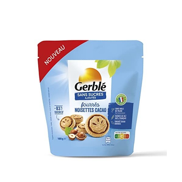 Gerblé Sans Sucres Ajoutés - Fourrés Noisette Cacao - Biscuit Allégé en Sucre - Source de Fibres - Nutriscore C - Sans Huile 