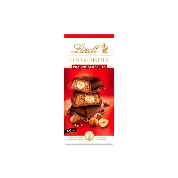 Lindt - Tablettes Praliné Noisettes LES GRANDES - Chocolat Noir, 225g