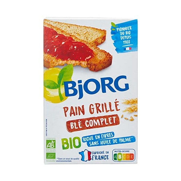 BJORG - Pain Grillé Au Blé Complet Bio - Sans Huile De Palme - Source De Fibres - 250 G, Lemballage Peut Varier