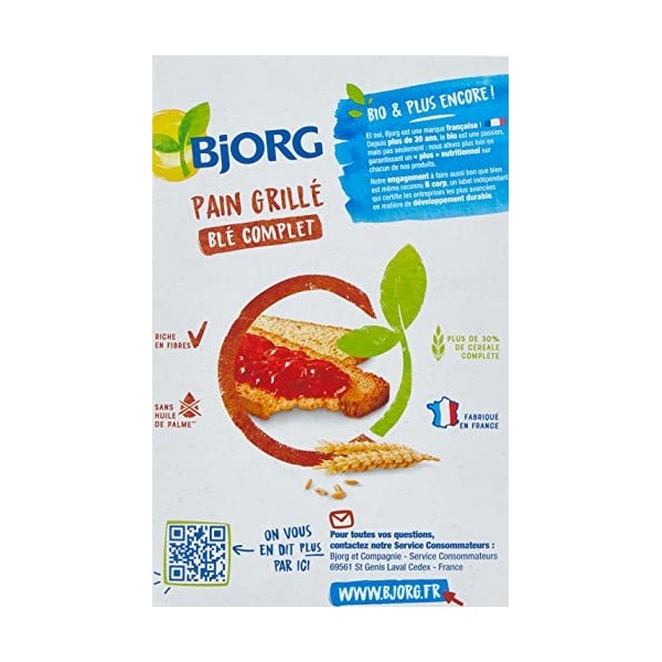 BJORG - Pain Grillé Au Blé Complet Bio - Sans Huile De Palme - Source De Fibres - 250 G, Lemballage Peut Varier