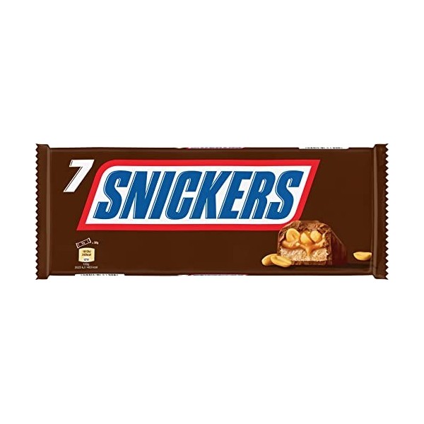 SNICKERS - Barre chocolat au lait, cacahuètes et caramel - 7 barres individuelles de 50g - 350g