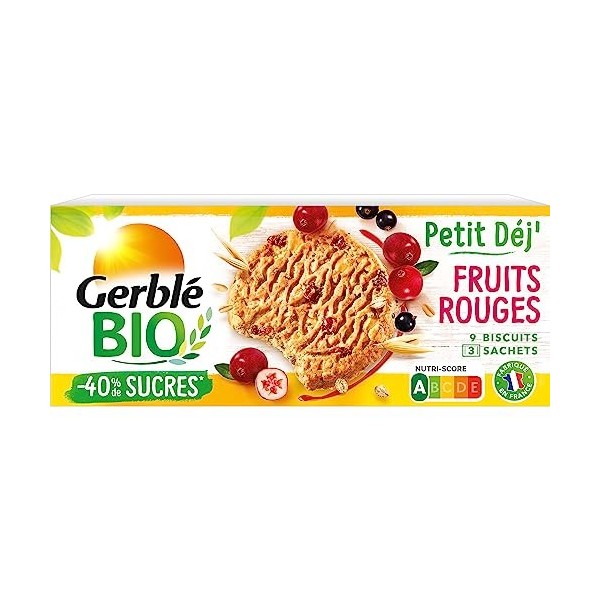 Gerblé BIO Biscuit Petit Déjeuner Fruits Rouges - Réduit en sucres - Riches en Fibres -1 boîte 132g 3 sachets de 3 biscuits 