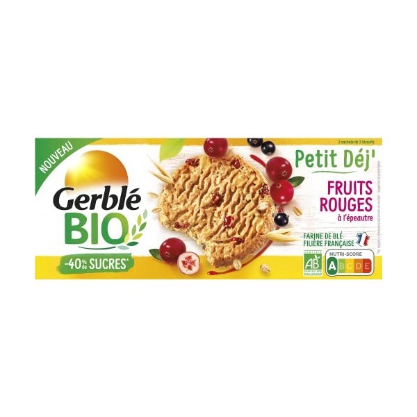 Gerblé BIO Biscuit Petit Déjeuner Fruits Rouges - Réduit en sucres - Riches en Fibres -1 boîte 132g 3 sachets de 3 biscuits 