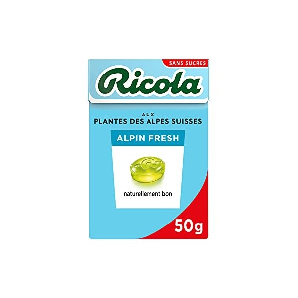 Ricola - Bonbons aux Plantes Suisses - Parfum Menthe des Glaciers - Doux et Rafraîchissant - Sans Sucres - Boîte de 50g