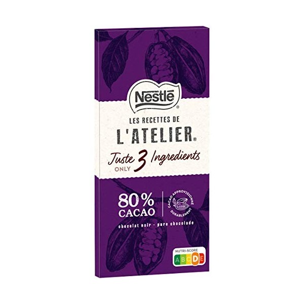 Nestlé Les Recettes de LAtelier - Tablette Chocolat Noir 80% Juste 3 Ingrédients - 100g