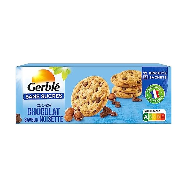 Gerblé Sans Sucres Cookie Chocolat saveur Noisette - Source de Fibres et Sans Huile de Palme - 1 boîte 130g 4 sachets de 3pc