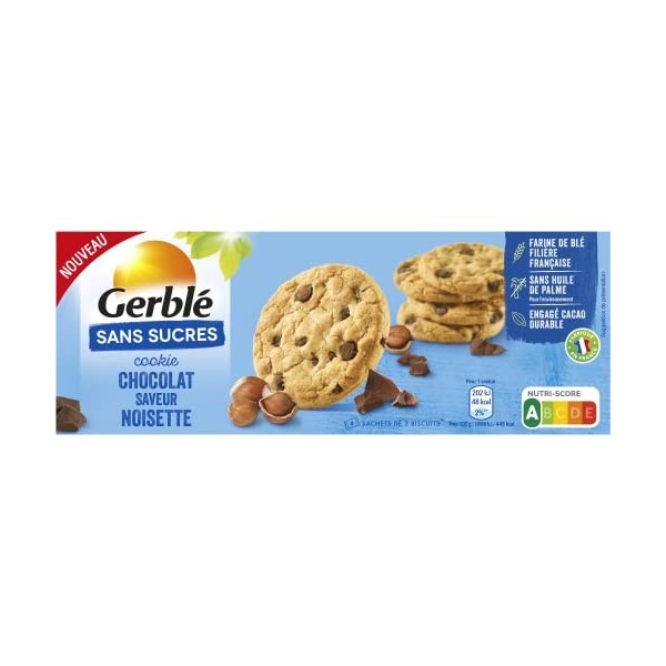Gerblé Sans Sucres Cookie Chocolat saveur Noisette - Source de Fibres et Sans Huile de Palme - 1 boîte 130g 4 sachets de 3pc